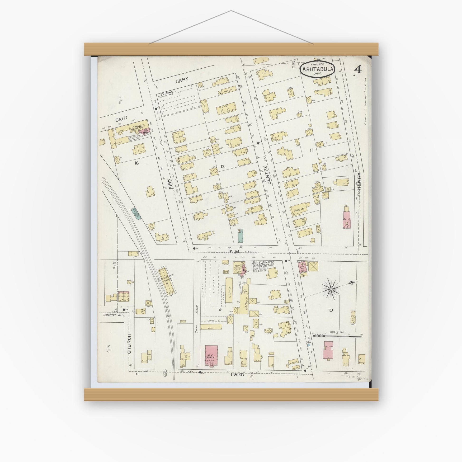 Old map wall art mockup — magnetic wood frame on white wall — Sanborn Fire Insurance Map from Ashtabula, Ashtabula County, Ohio (1893), Sheet #0004