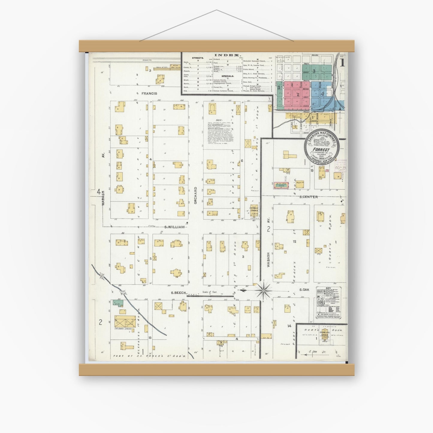 Old map wall art mockup — magnetic wood frame on white wall — Sanborn Fire Insurance Map from Forrest, Livingston County, Illinois (1906), Sheet #0001
