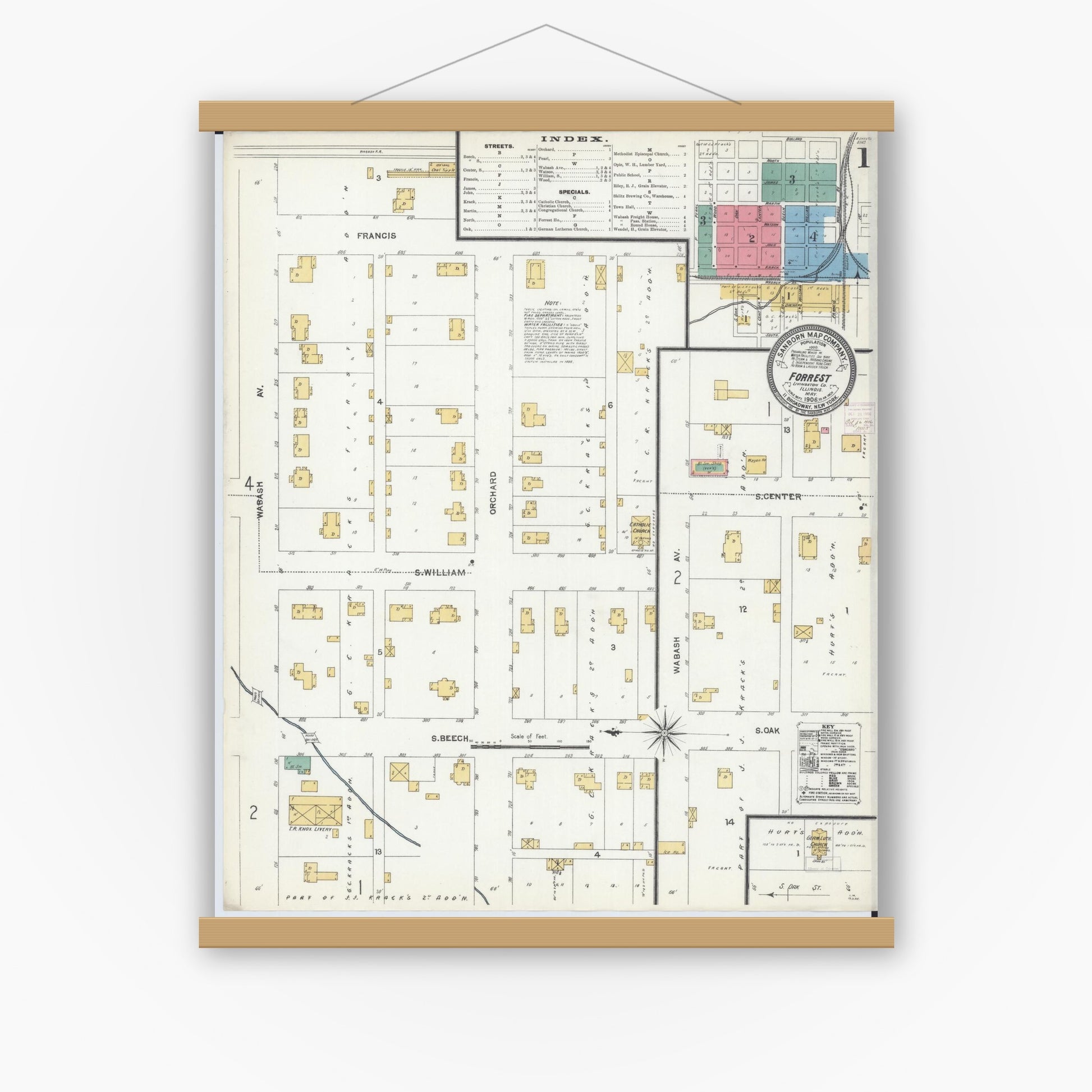 Old map wall art mockup — magnetic wood frame on white wall — Sanborn Fire Insurance Map from Forrest, Livingston County, Illinois (1906), Sheet #0001