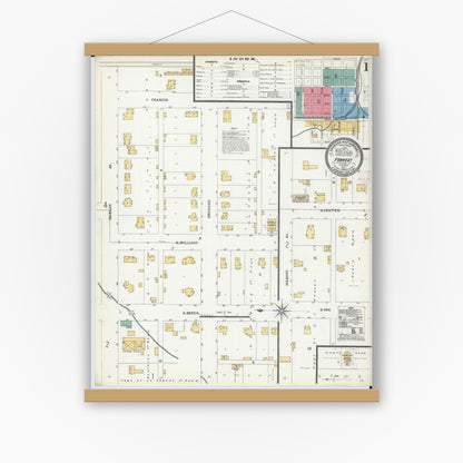 Old map wall art mockup — magnetic wood frame on white wall — Sanborn Fire Insurance Map from Forrest, Livingston County, Illinois (1906), Sheet #0001