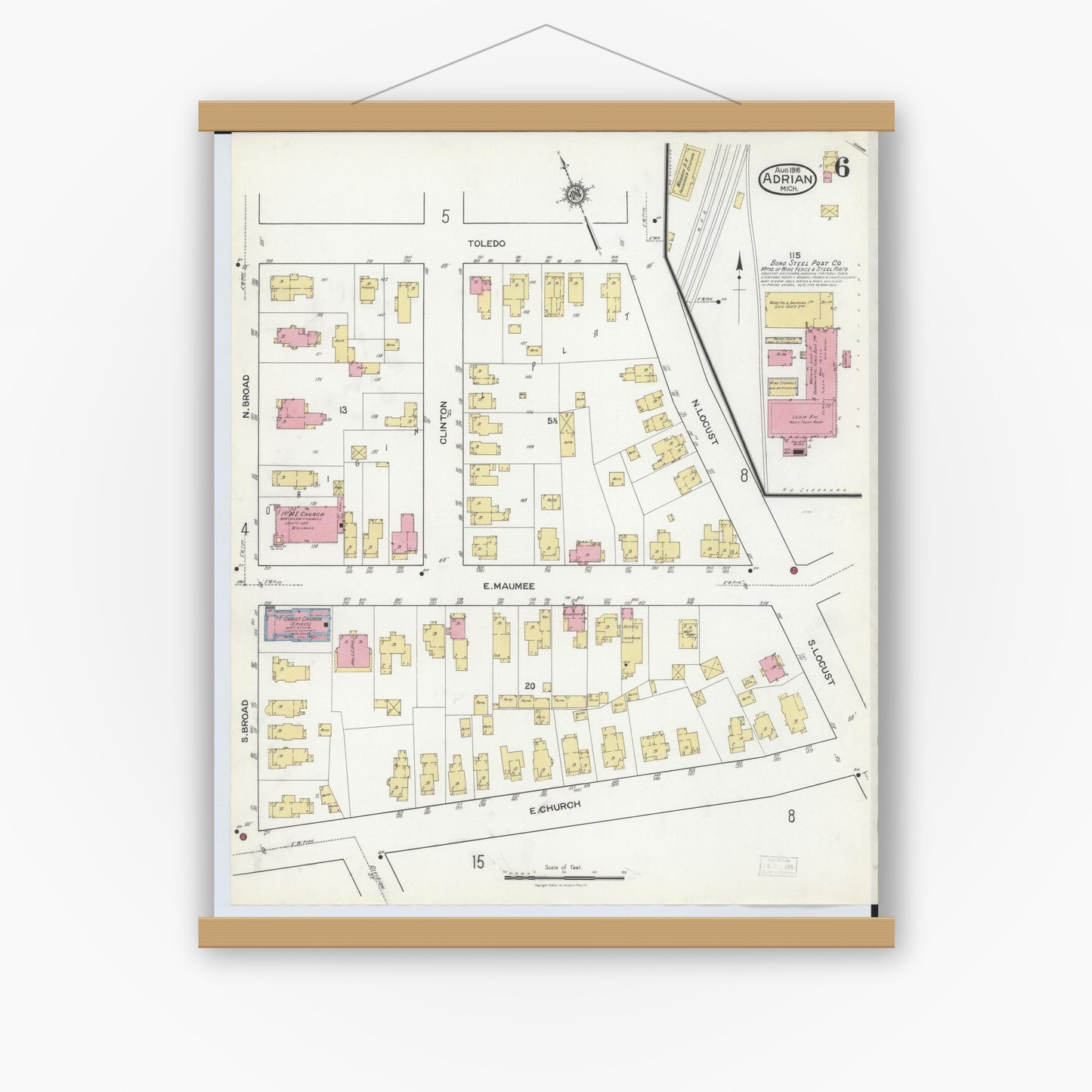 Old map wall art mockup — magnetic wood frame on white wall — Sanborn Fire Insurance Map from Adrian, Lenawee County, Michigan (1916), Sheet #0006