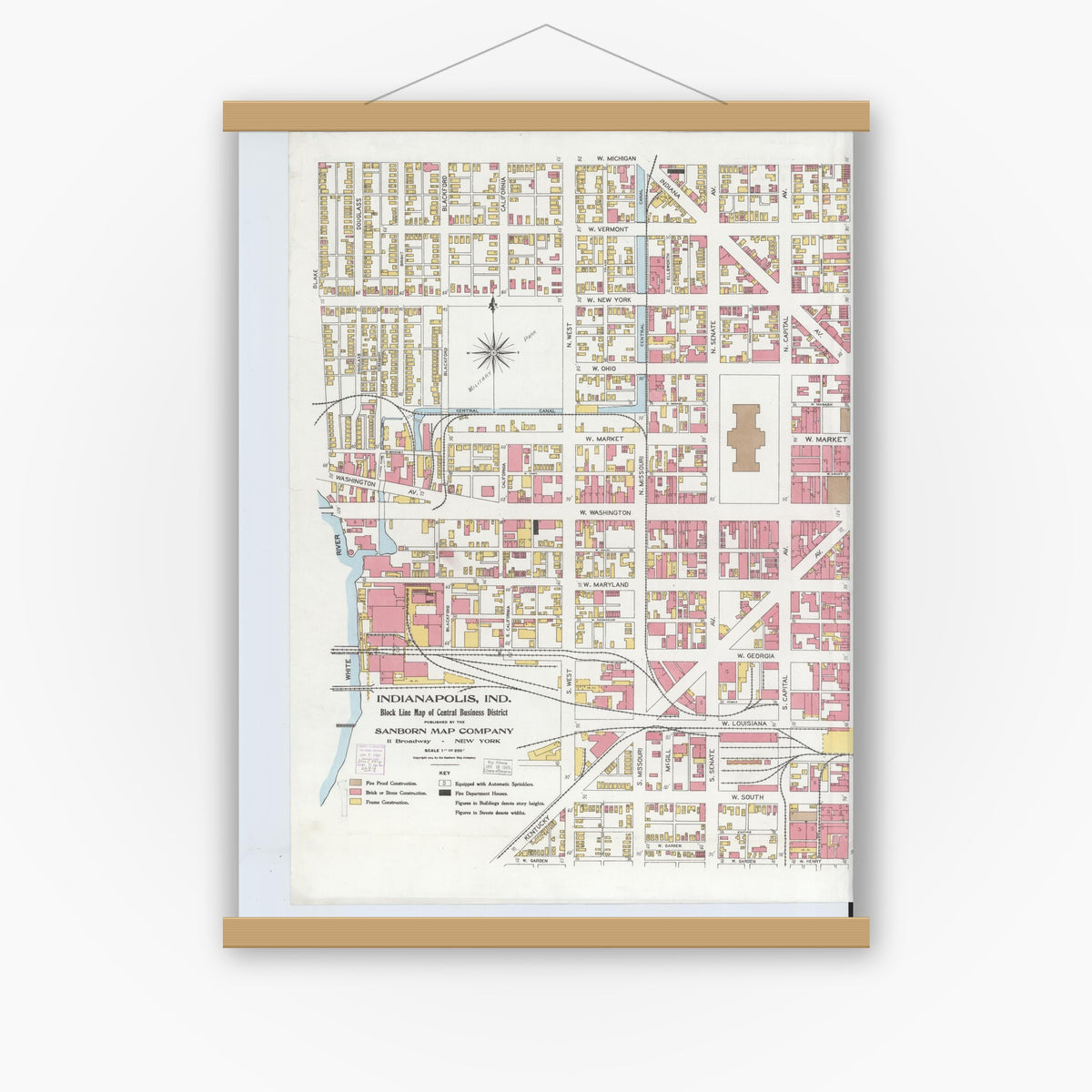 Old map wall art mockup — magnetic wood frame on white wall — Sanborn Fire Insurance Map from Indianapolis, Marion County, Indiana (1904), Sheet #0001