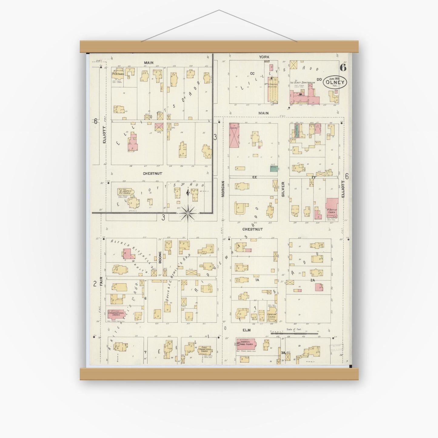 Old map wall art mockup — magnetic wood frame on white wall — Sanborn Fire Insurance Map from Olney, Richland County, Illinois (1902), Sheet #0006