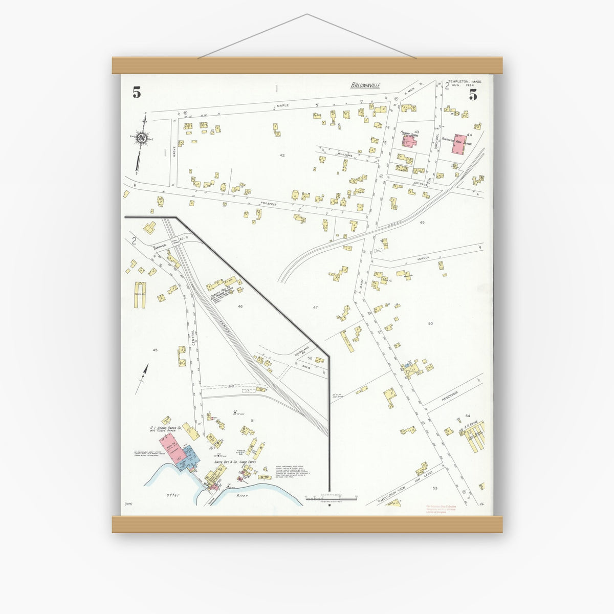 Old map wall art mockup — magnetic wood frame on white wall — Sanborn Fire Insurance Map from Templeton, Worcester County, Massachusetts (1934), Sheet #0005