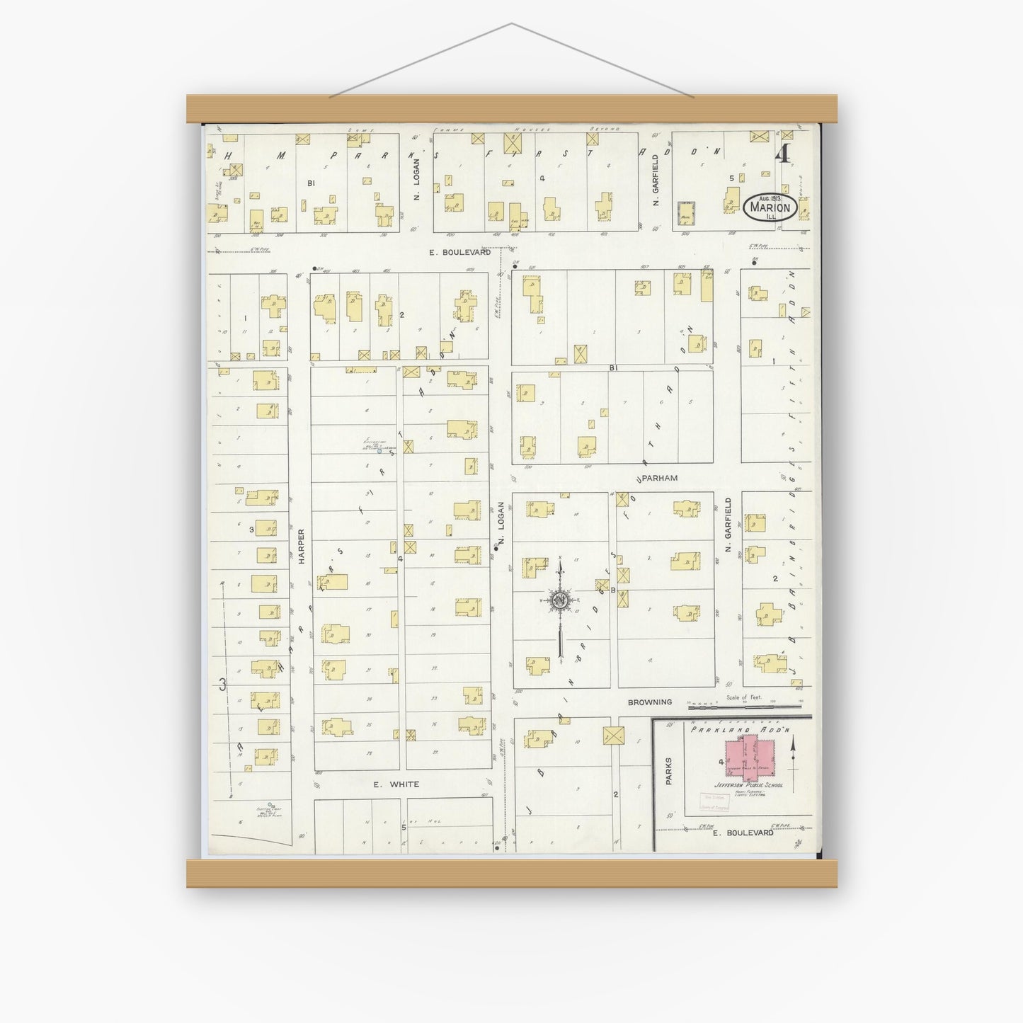 Old map wall art mockup — magnetic wood frame on white wall — Sanborn Fire Insurance Map from Marion, Williamson County, Illinois (1913), Sheet #0004