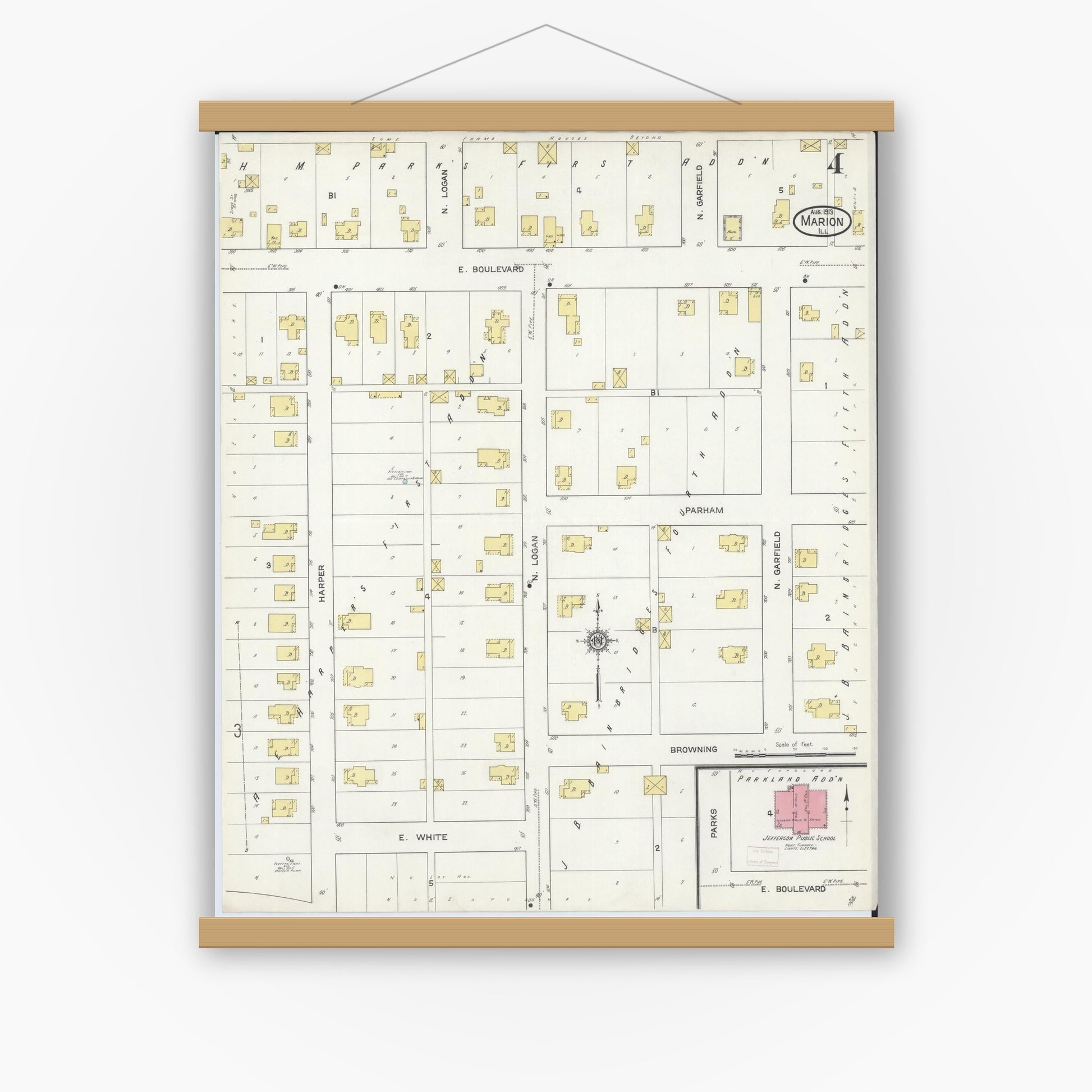 Old map wall art mockup — magnetic wood frame on white wall — Sanborn Fire Insurance Map from Marion, Williamson County, Illinois (1913), Sheet #0004