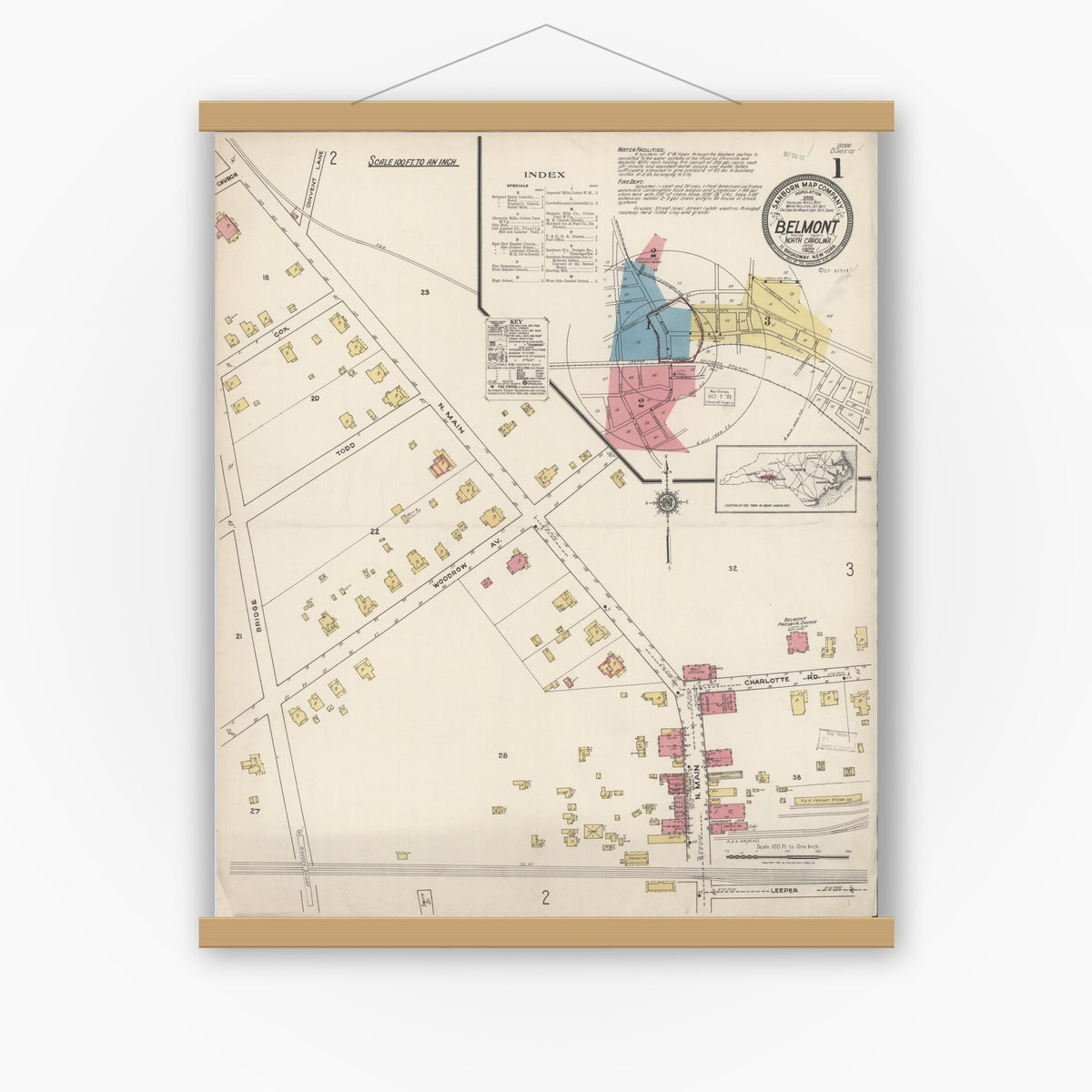 Old map wall art mockup — magnetic wood frame on white wall — Sanborn Fire Insurance Map from Belmont, Gaston County, North Carolina (1922) - Complete Map Set
