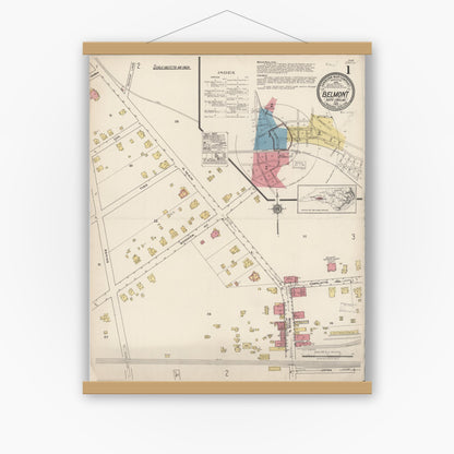 Old map wall art mockup — magnetic wood frame on white wall — Sanborn Fire Insurance Map from Belmont, Gaston County, North Carolina (1922) - Complete Map Set