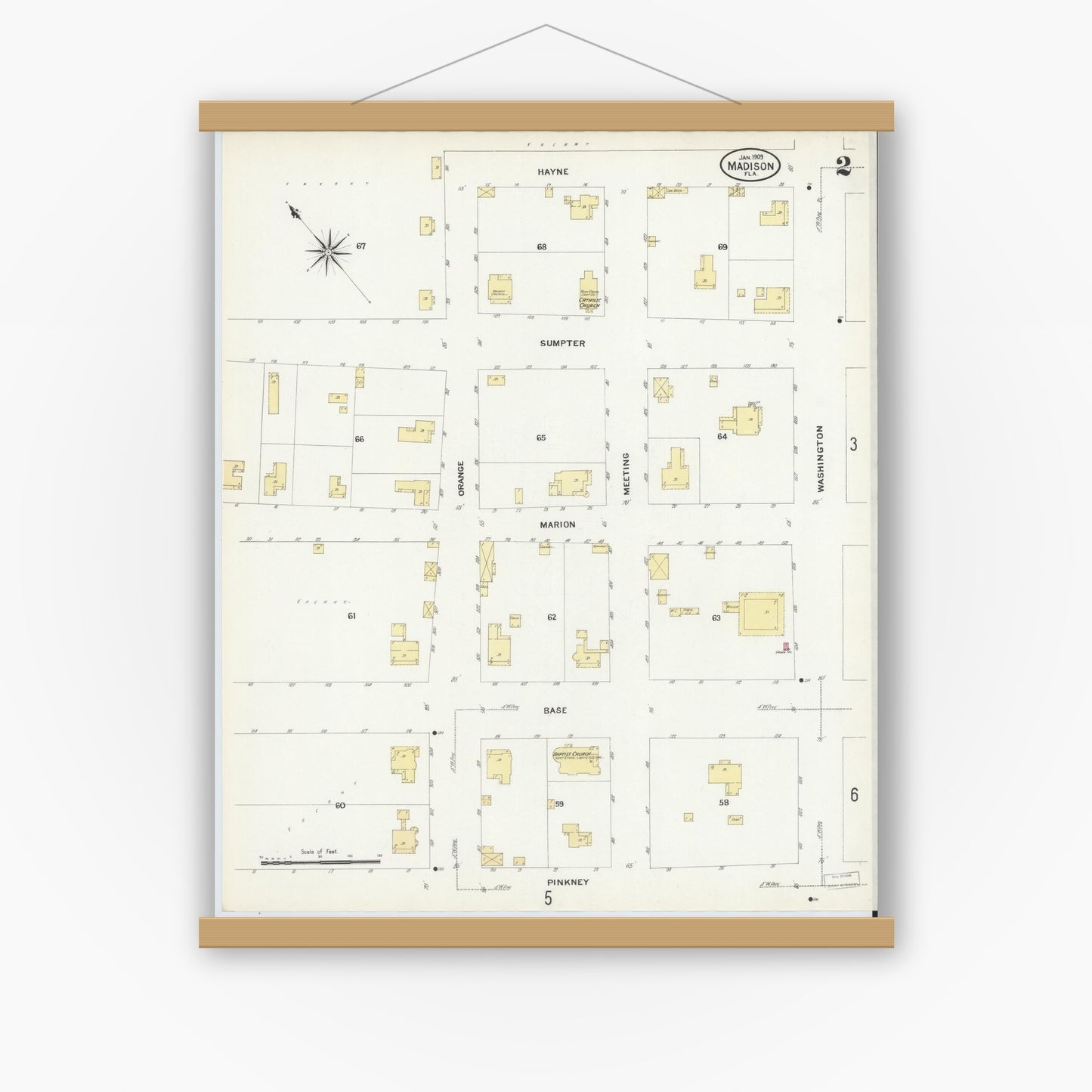 Old map wall art mockup — magnetic wood frame on white wall — Sanborn Fire Insurance Map from Madison, Madison County, Florida (1909), Sheet #0002