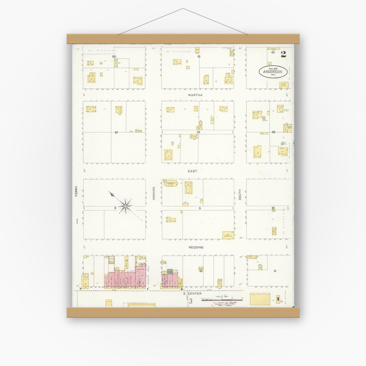 Old map wall art mockup — magnetic wood frame on white wall — Sanborn Fire Insurance Map from Anderson, Shasta County, California (1907), Sheet #0002
