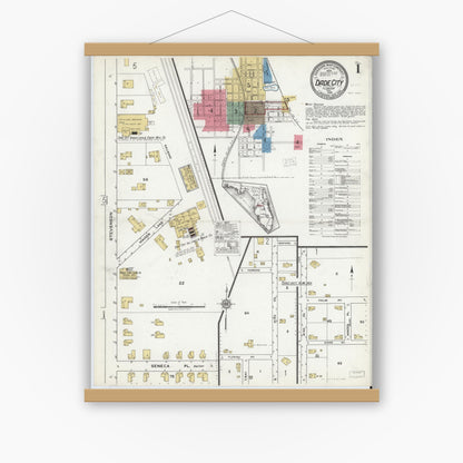 Old map wall art mockup — magnetic wood frame on white wall — Sanborn Fire Insurance Map from Dade City, Pasco County, Florida (1920), Sheet #0001