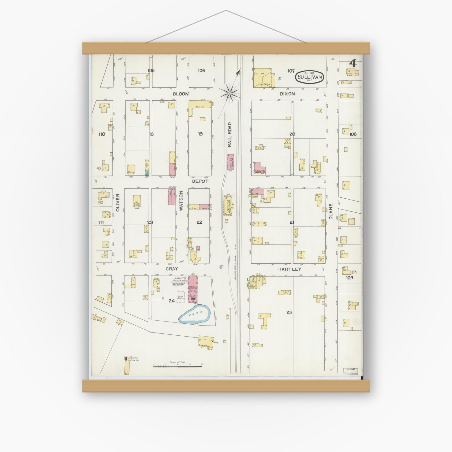 Old map wall art mockup — magnetic wood frame on white wall — Sanborn Fire Insurance Map from Sullivan, Sullivan County, Indiana (1892), Sheet #0004
