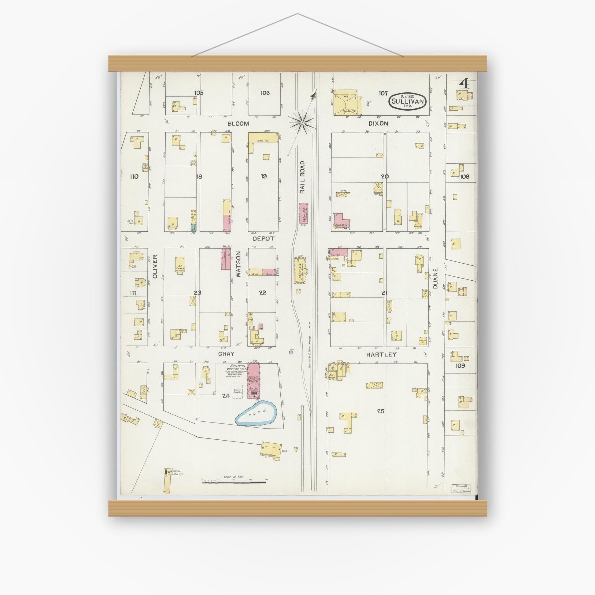Old map wall art mockup — magnetic wood frame on white wall — Sanborn Fire Insurance Map from Sullivan, Sullivan County, Indiana (1892), Sheet #0004