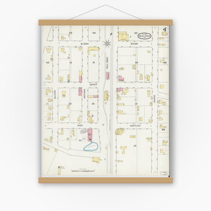 Old map wall art mockup — magnetic wood frame on white wall — Sanborn Fire Insurance Map from Sullivan, Sullivan County, Indiana (1892), Sheet #0004