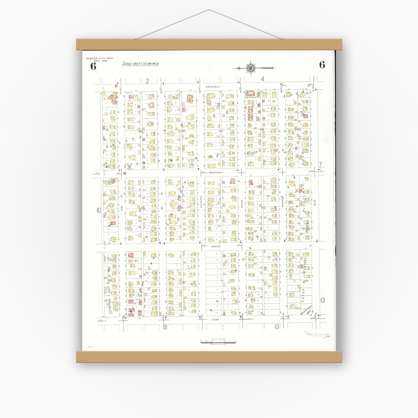 Old map wall art mockup — magnetic wood frame on white wall — Sanborn Fire Insurance Map from Webster City, Hamilton County, Iowa (1938), Sheet #0006