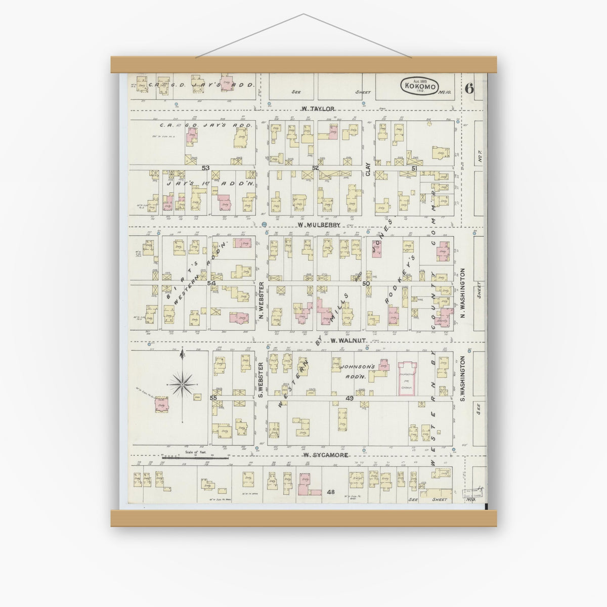 Old map wall art mockup — magnetic wood frame on white wall — Sanborn Fire Insurance Map from Kokomo, Howard County, Indiana (1889), Sheet #0006