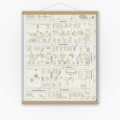 Old map wall art mockup — magnetic wood frame on white wall — Sanborn Fire Insurance Map from Kokomo, Howard County, Indiana (1889), Sheet #0006