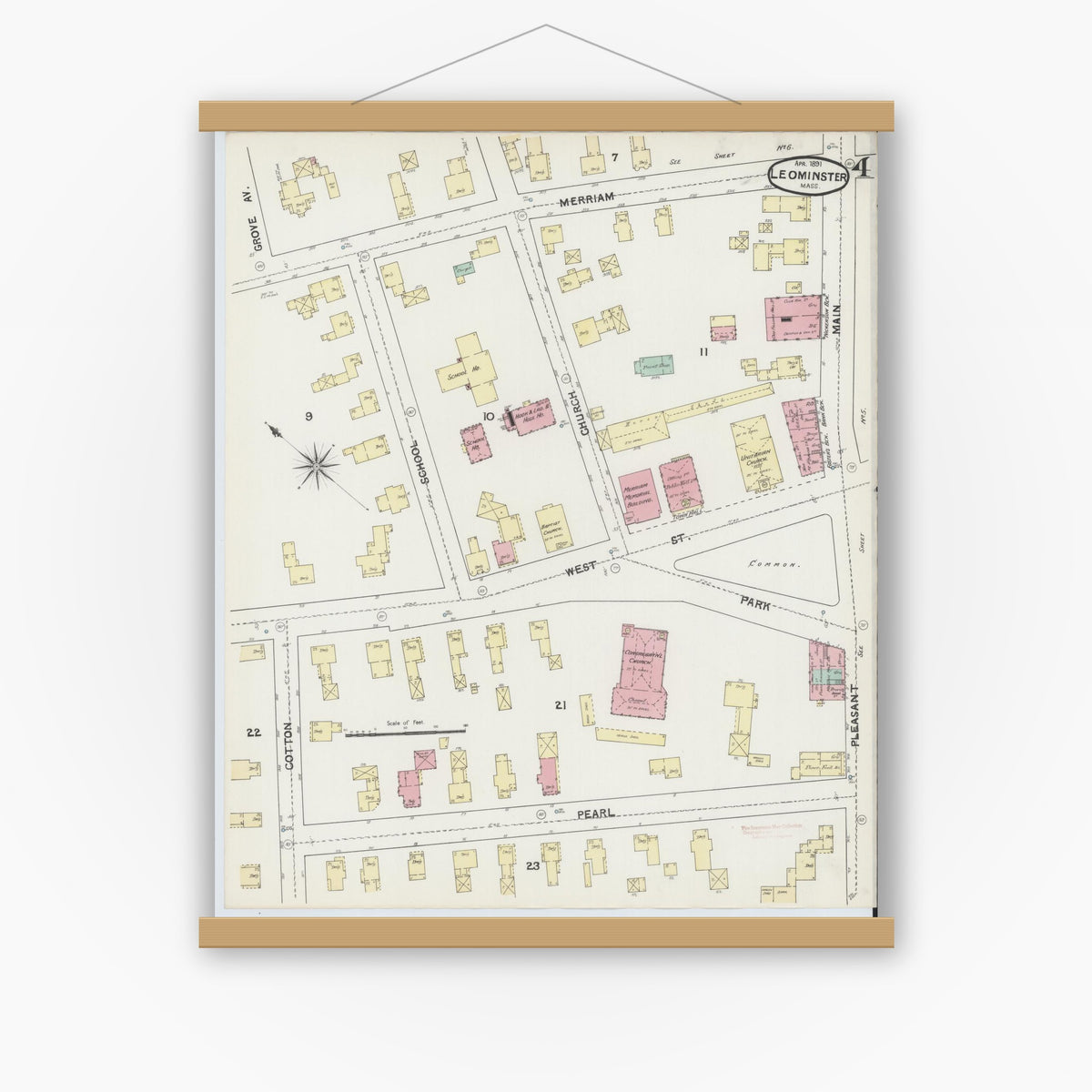 Old map wall art mockup — magnetic wood frame on white wall — Sanborn Fire Insurance Map from Leominster, Worcester County, Massachusetts (1891), Sheet #0004