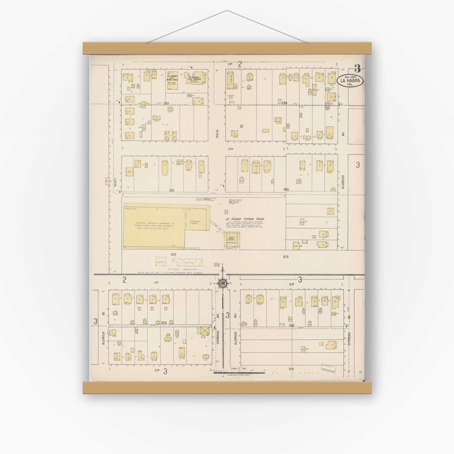 Old map wall art mockup — magnetic wood frame on white wall — Sanborn Fire Insurance Map from La Habra, Orange County, California (1920), Sheet #0003
