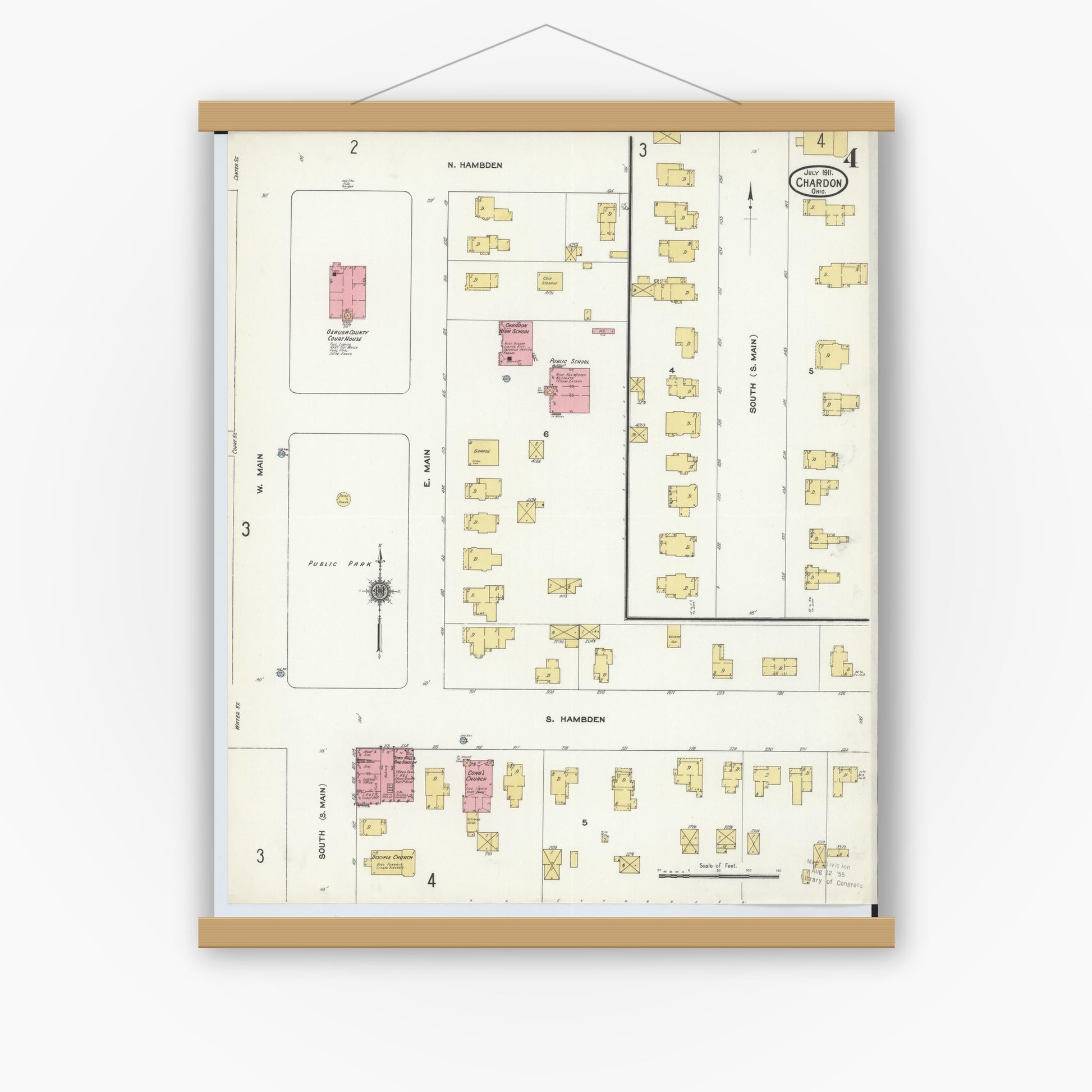 Old map wall art mockup — magnetic wood frame on white wall — Sanborn Fire Insurance Map from Chardon, Geauga County, Ohio (1911), Sheet #0004