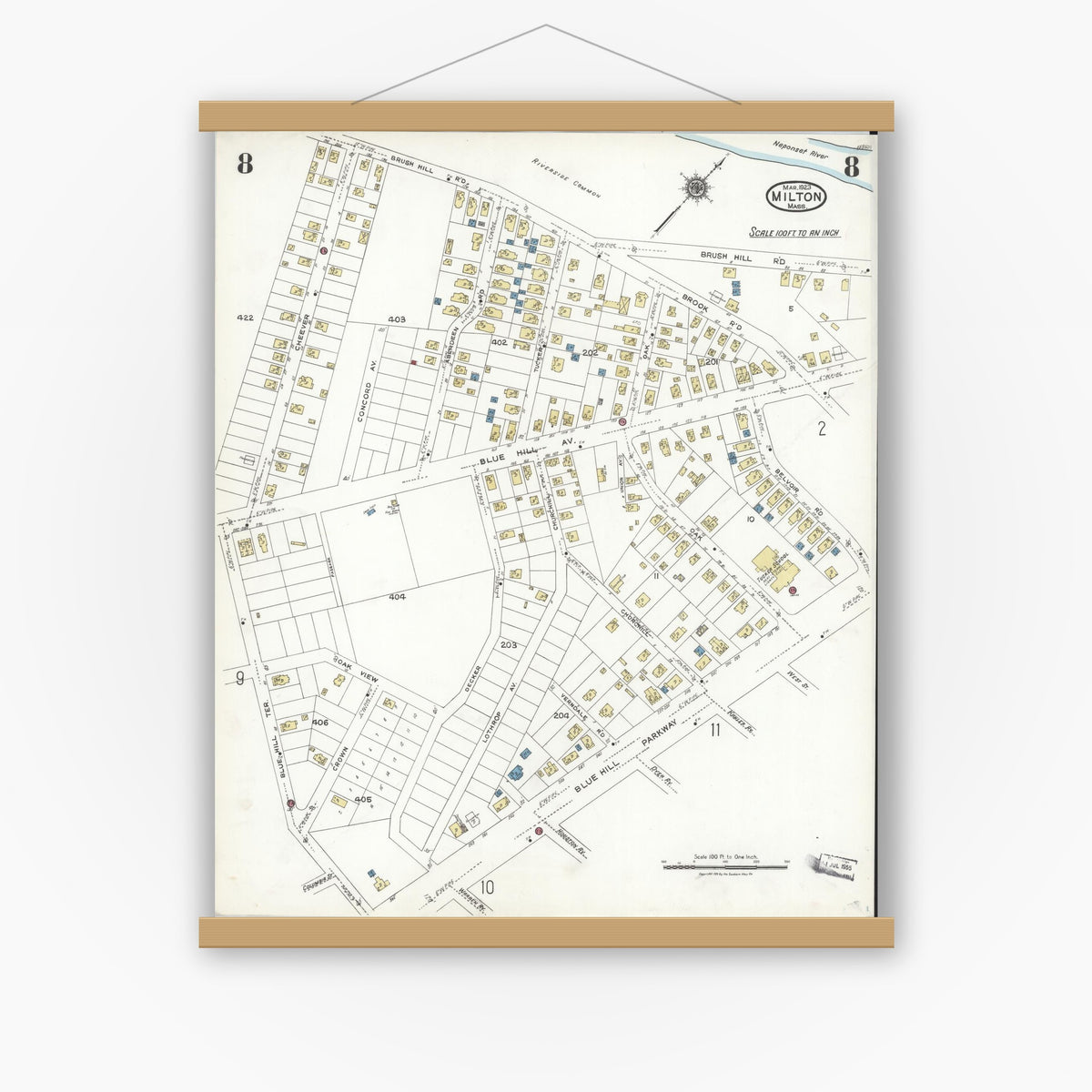 Old map wall art mockup — magnetic wood frame on white wall — Sanborn Fire Insurance Map from Milton, Norfolk County, Massachusetts (1923), Sheet #0008