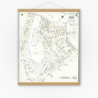 Old map wall art mockup — magnetic wood frame on white wall — Sanborn Fire Insurance Map from Milton, Norfolk County, Massachusetts (1923), Sheet #0008