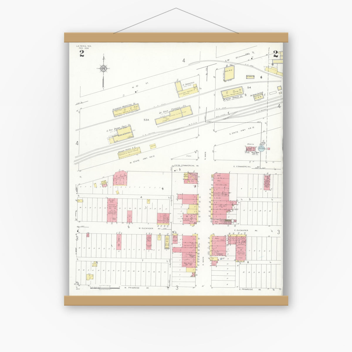 Old map wall art mockup — magnetic wood frame on white wall — Sanborn Fire Insurance Map from La Feria, Cameron County, Texas (1936), Sheet #0002