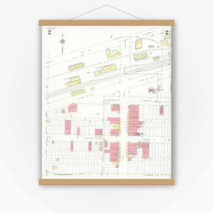 Old map wall art mockup — magnetic wood frame on white wall — Sanborn Fire Insurance Map from La Feria, Cameron County, Texas (1936), Sheet #0002