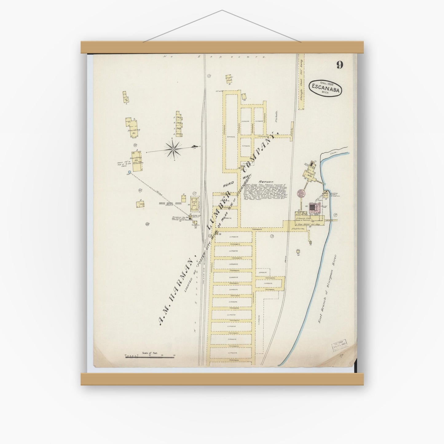 Old map wall art mockup — magnetic wood frame on white wall — Sanborn Fire Insurance Map from Escanaba, Delta County, Michigan (1888), Sheet #0009