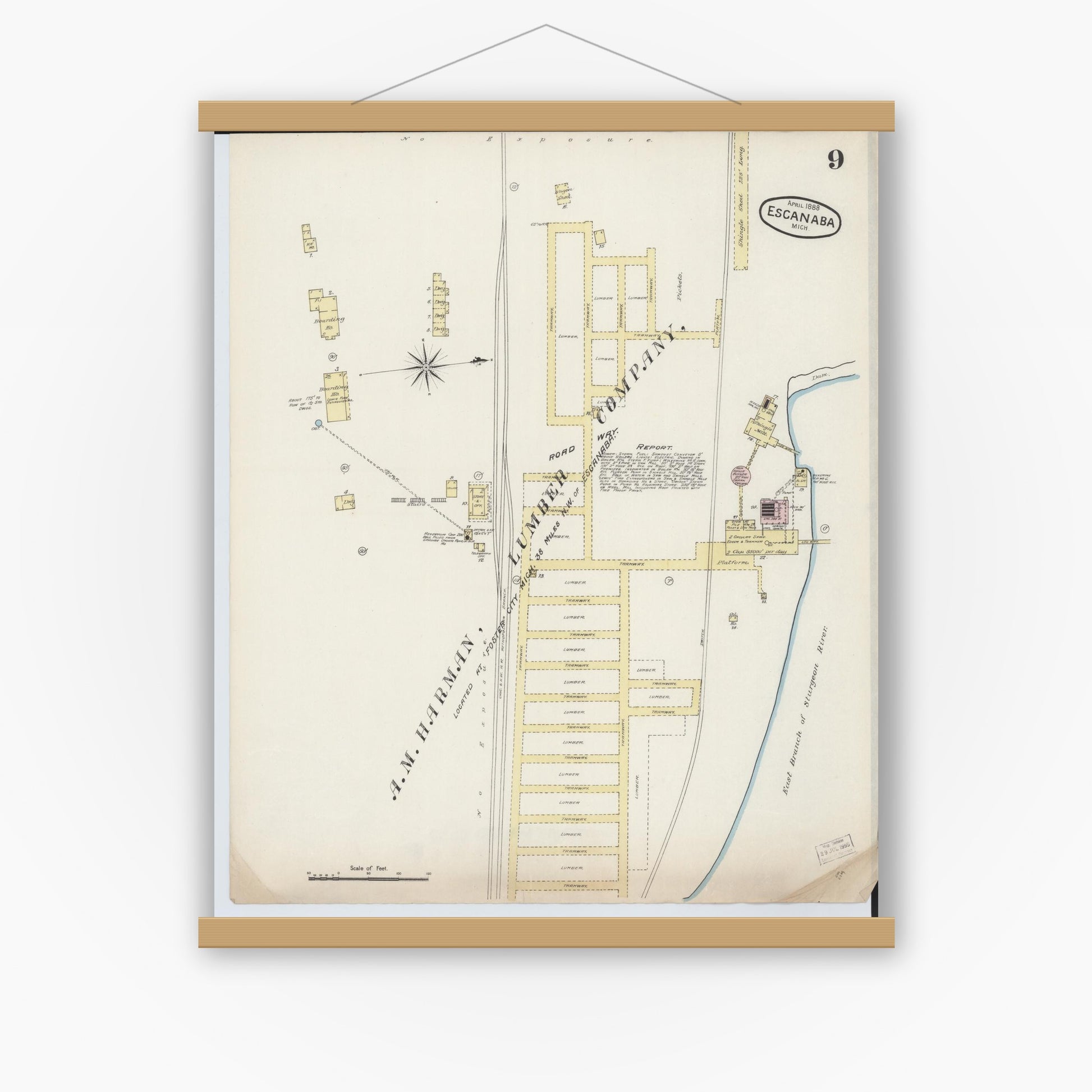 Old map wall art mockup — magnetic wood frame on white wall — Sanborn Fire Insurance Map from Escanaba, Delta County, Michigan (1888), Sheet #0009
