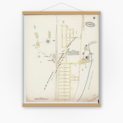 Old map wall art mockup — magnetic wood frame on white wall — Sanborn Fire Insurance Map from Escanaba, Delta County, Michigan (1888), Sheet #0009
