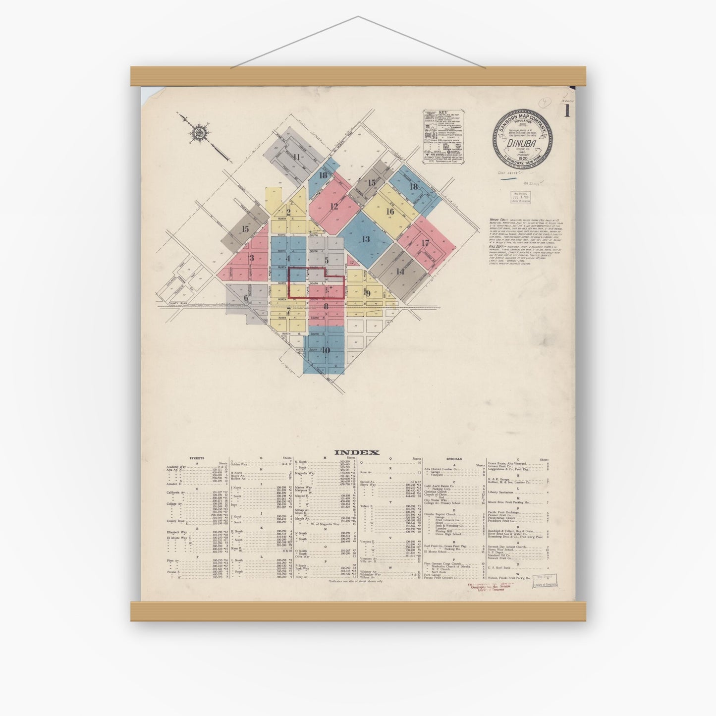 Old map wall art mockup — magnetic wood frame on white wall — Sanborn Fire Insurance Map from Dinuba, Tulare County, California (1920) - Complete Map Set