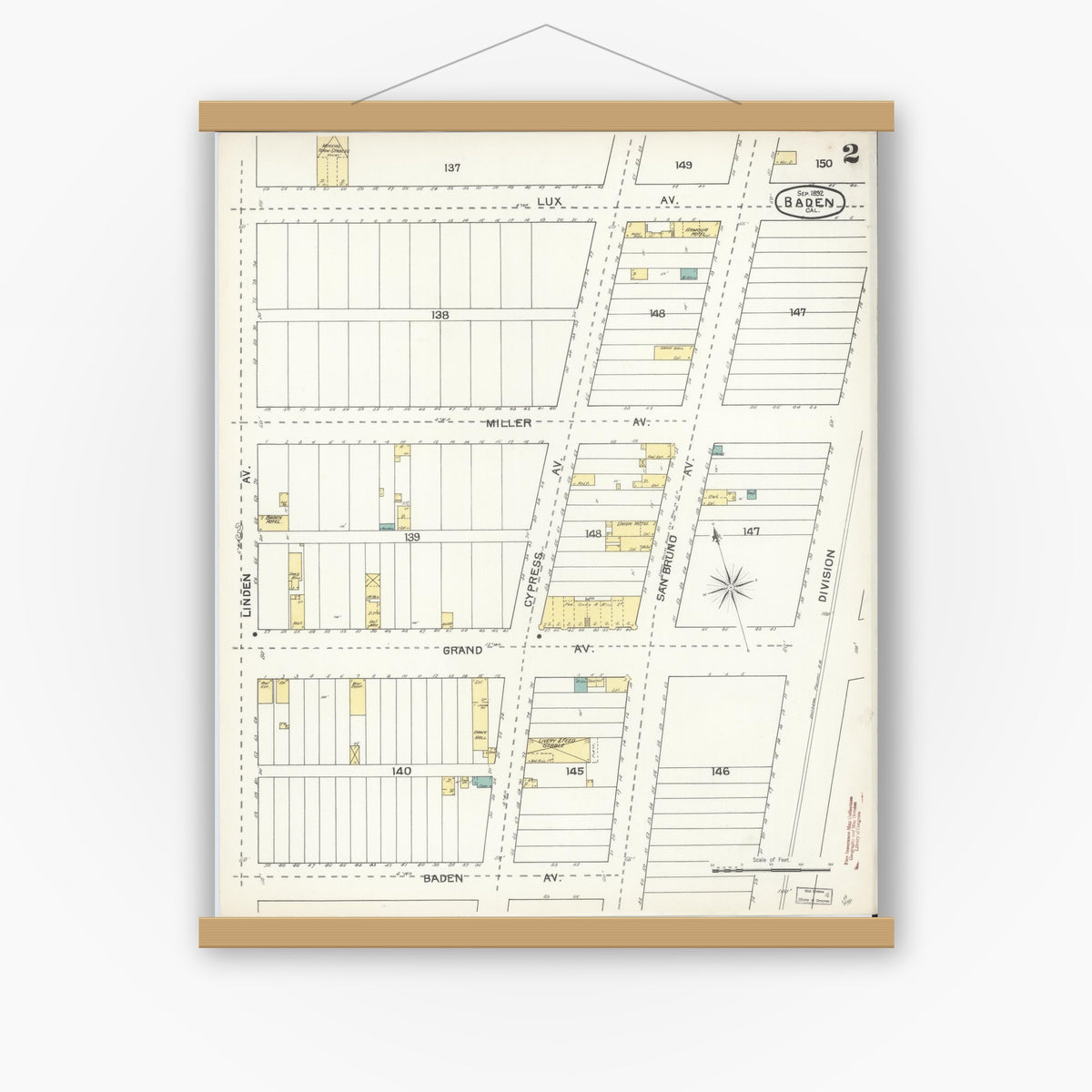 Old map wall art mockup — magnetic wood frame on white wall — Sanborn Fire Insurance Map from Baden, San Mateo County, California (1892), Sheet #0002