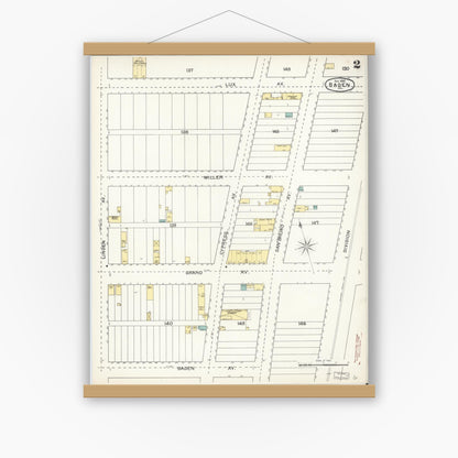 Old map wall art mockup — magnetic wood frame on white wall — Sanborn Fire Insurance Map from Baden, San Mateo County, California (1892), Sheet #0002