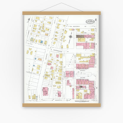 Old map wall art mockup — magnetic wood frame on white wall — Sanborn Fire Insurance Map from Lake Forest, Lake County, Illinois (1926), Sheet #0004