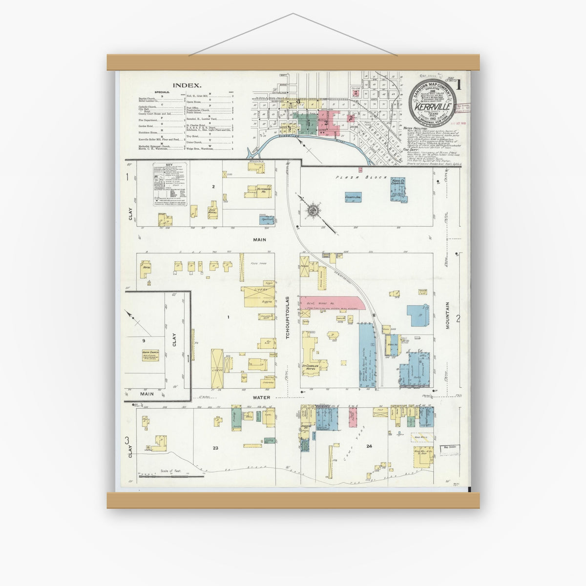 Old map wall art mockup — magnetic wood frame on white wall — Sanborn Fire Insurance Map from Kerrville, Kerr County, Texas (1910) - Complete Map Set
