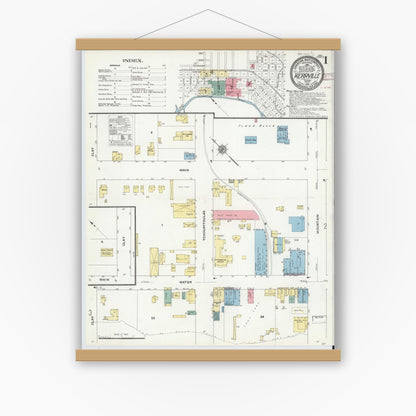 Old map wall art mockup — magnetic wood frame on white wall — Sanborn Fire Insurance Map from Kerrville, Kerr County, Texas (1910) - Complete Map Set