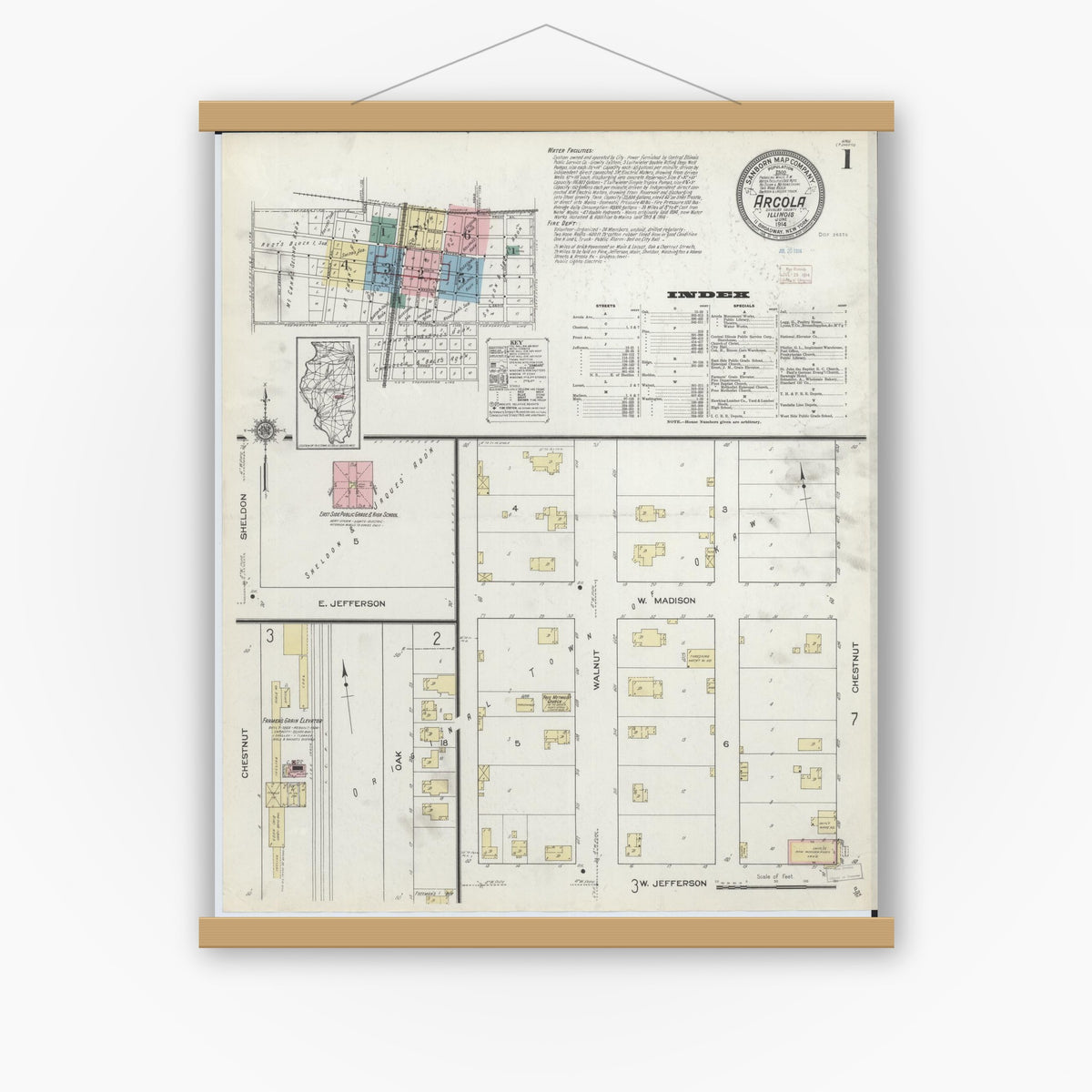 Old map wall art mockup — magnetic wood frame on white wall — Sanborn Fire Insurance Map from Arcola, Douglas County, Illinois (1914), Sheet #0001