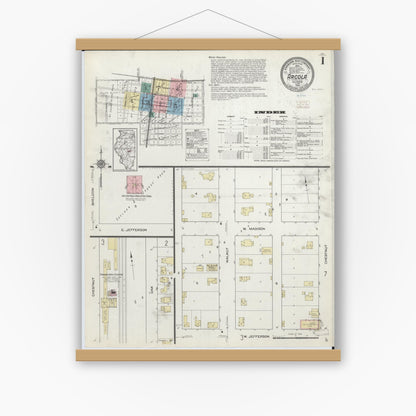 Old map wall art mockup — magnetic wood frame on white wall — Sanborn Fire Insurance Map from Arcola, Douglas County, Illinois (1914), Sheet #0001