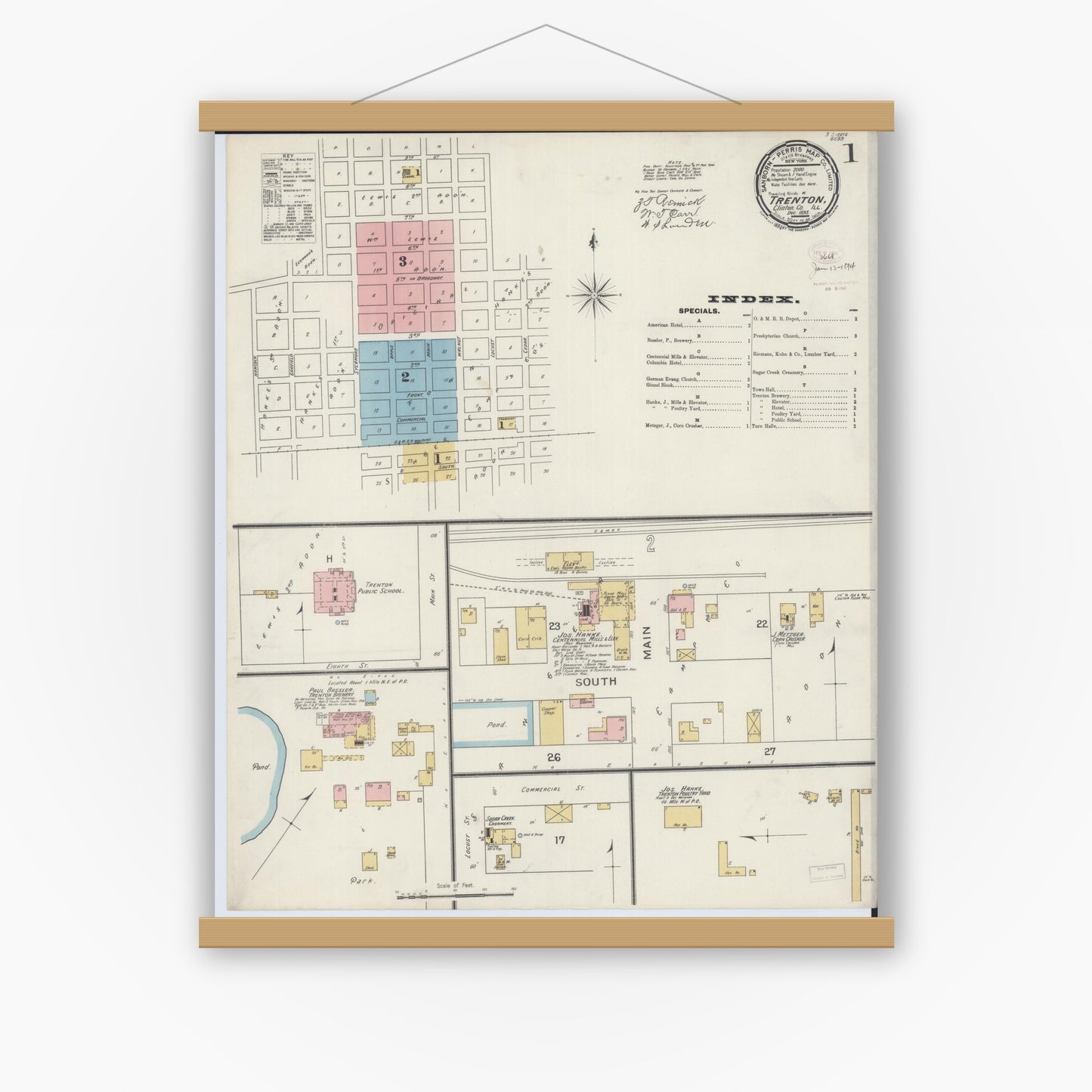 Old map wall art mockup — magnetic wood frame on white wall — Sanborn Fire Insurance Map from Trenton, Clinton County, Illinois (1893), Sheet #0001