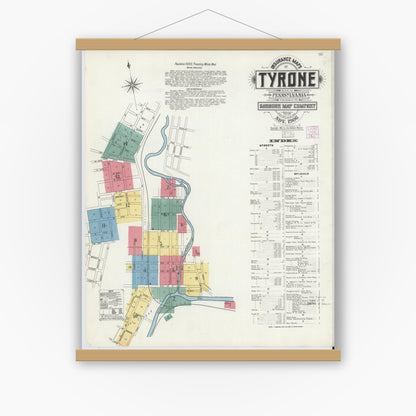 Old map wall art mockup — magnetic wood frame on white wall — Sanborn Fire Insurance Map from Tyrone, Blair County, Pennsylvania (1906), Sheet #0001