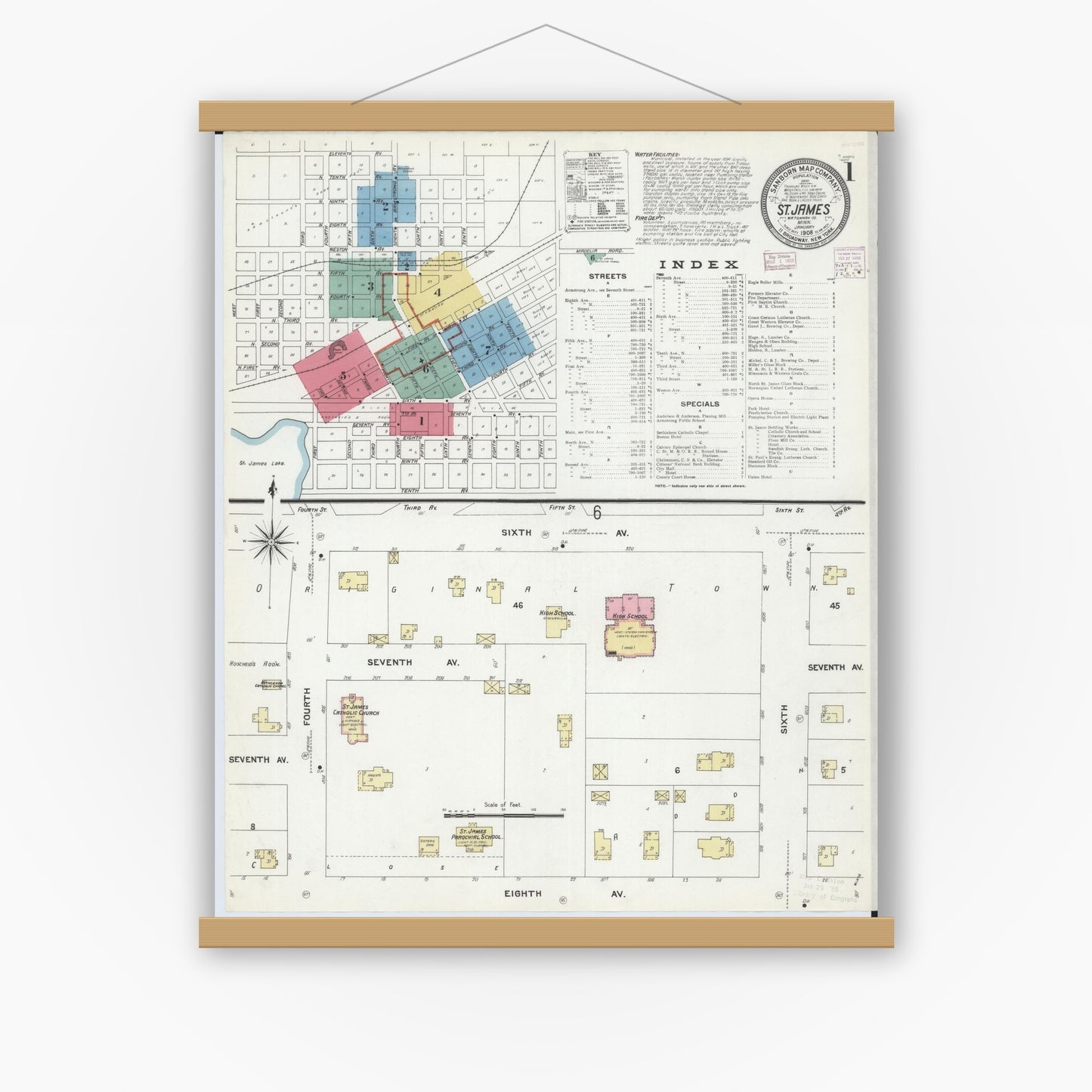 Old map wall art mockup — magnetic wood frame on white wall — Sanborn Fire Insurance Map from Saint James, Watonwan County, Minnesota (1908) - Complete Map Set