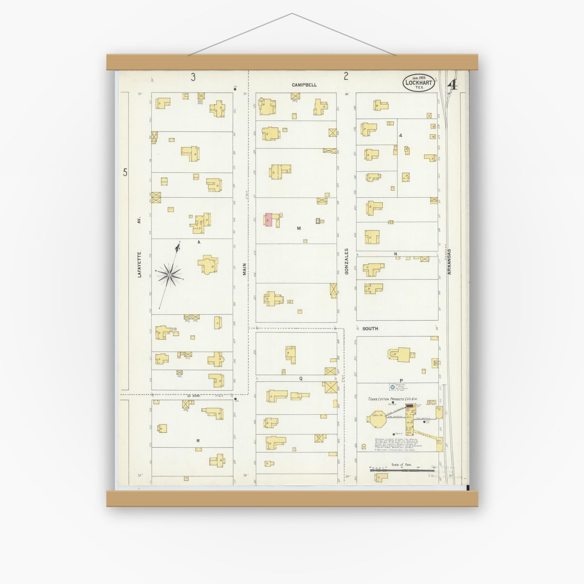Old map wall art mockup — magnetic wood frame on white wall — Sanborn Fire Insurance Map from Lockhart, Caldwell County, Texas (1903), Sheet #0004