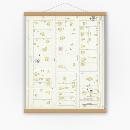 Old map wall art mockup — magnetic wood frame on white wall — Sanborn Fire Insurance Map from Lockhart, Caldwell County, Texas (1903), Sheet #0004
