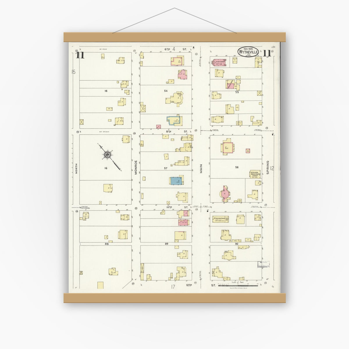 Old map wall art mockup — magnetic wood frame on white wall — Sanborn Fire Insurance Map from Wytheville, Wythe County, Virginia (1926), Sheet #0011