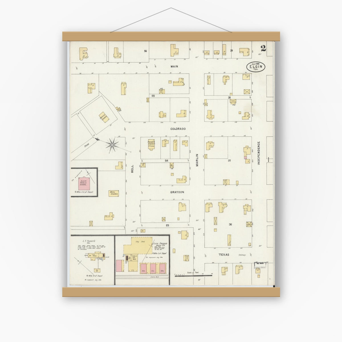 Old map wall art mockup — magnetic wood frame on white wall — Sanborn Fire Insurance Map from Elgin, Bastrop County, Texas (1898), Sheet #0002