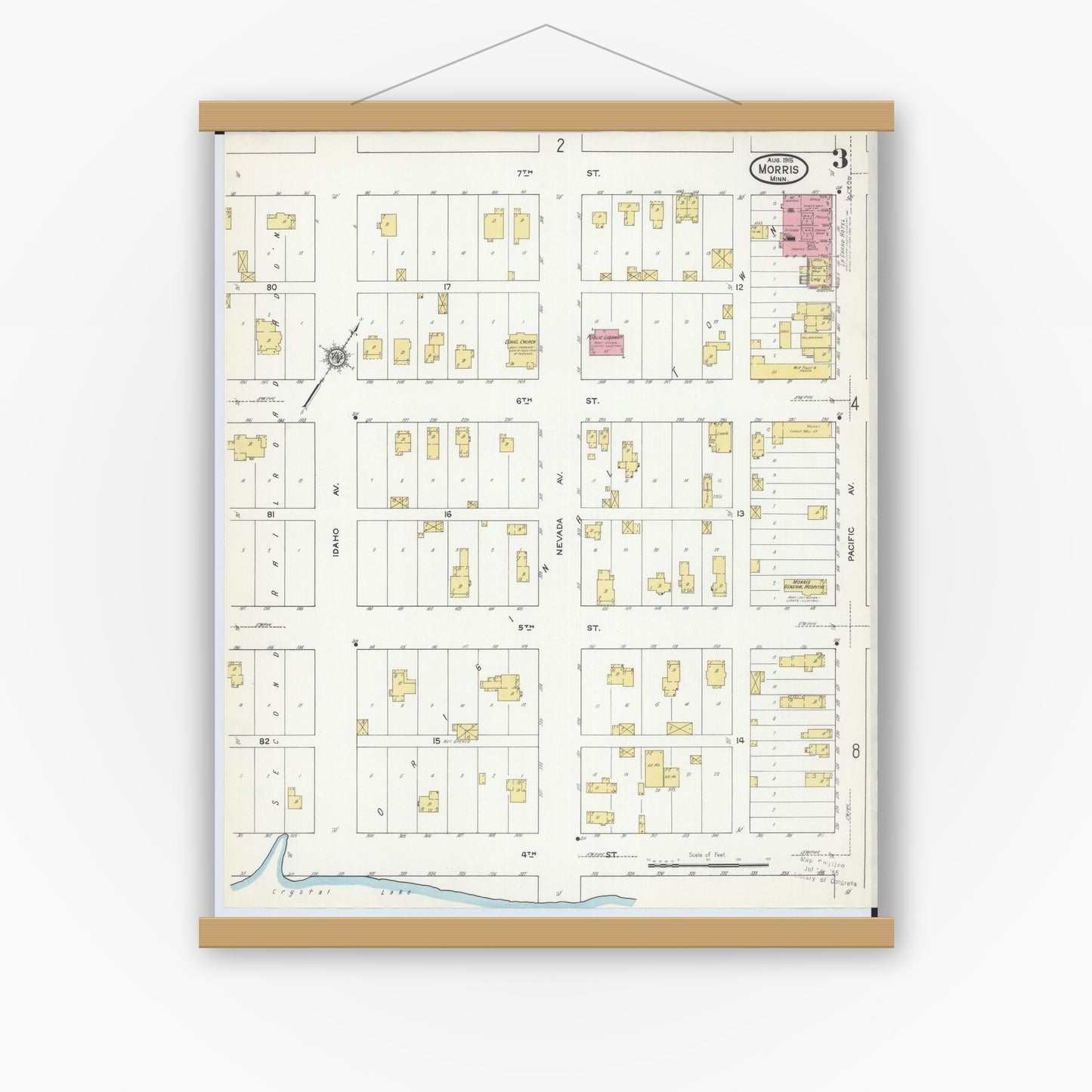 Old map wall art mockup — magnetic wood frame on white wall — Sanborn Fire Insurance Map from Morris, Stevens County, Minnesota (1915), Sheet #0003