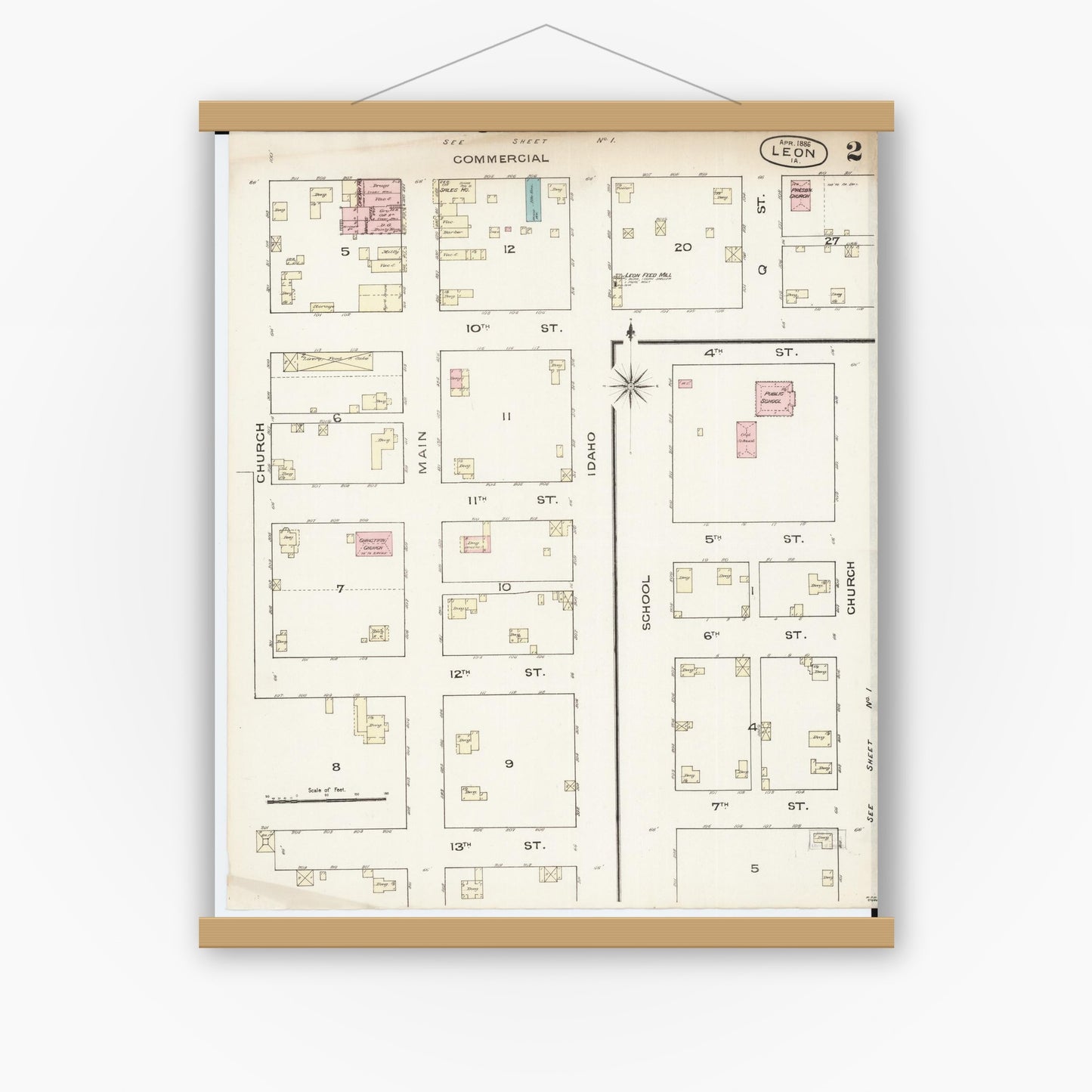 Old map wall art mockup — magnetic wood frame on white wall — Sanborn Fire Insurance Map from Leon, Decatur County, Iowa (1886), Sheet #0002