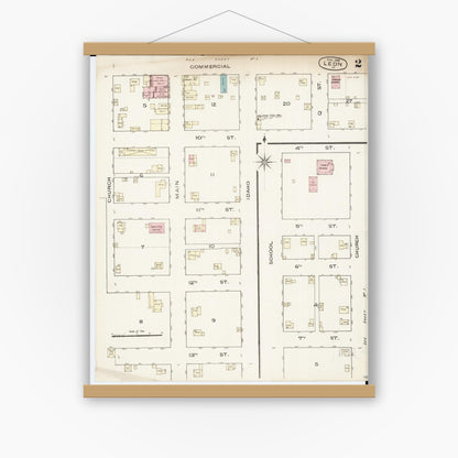Old map wall art mockup — magnetic wood frame on white wall — Sanborn Fire Insurance Map from Leon, Decatur County, Iowa (1886), Sheet #0002
