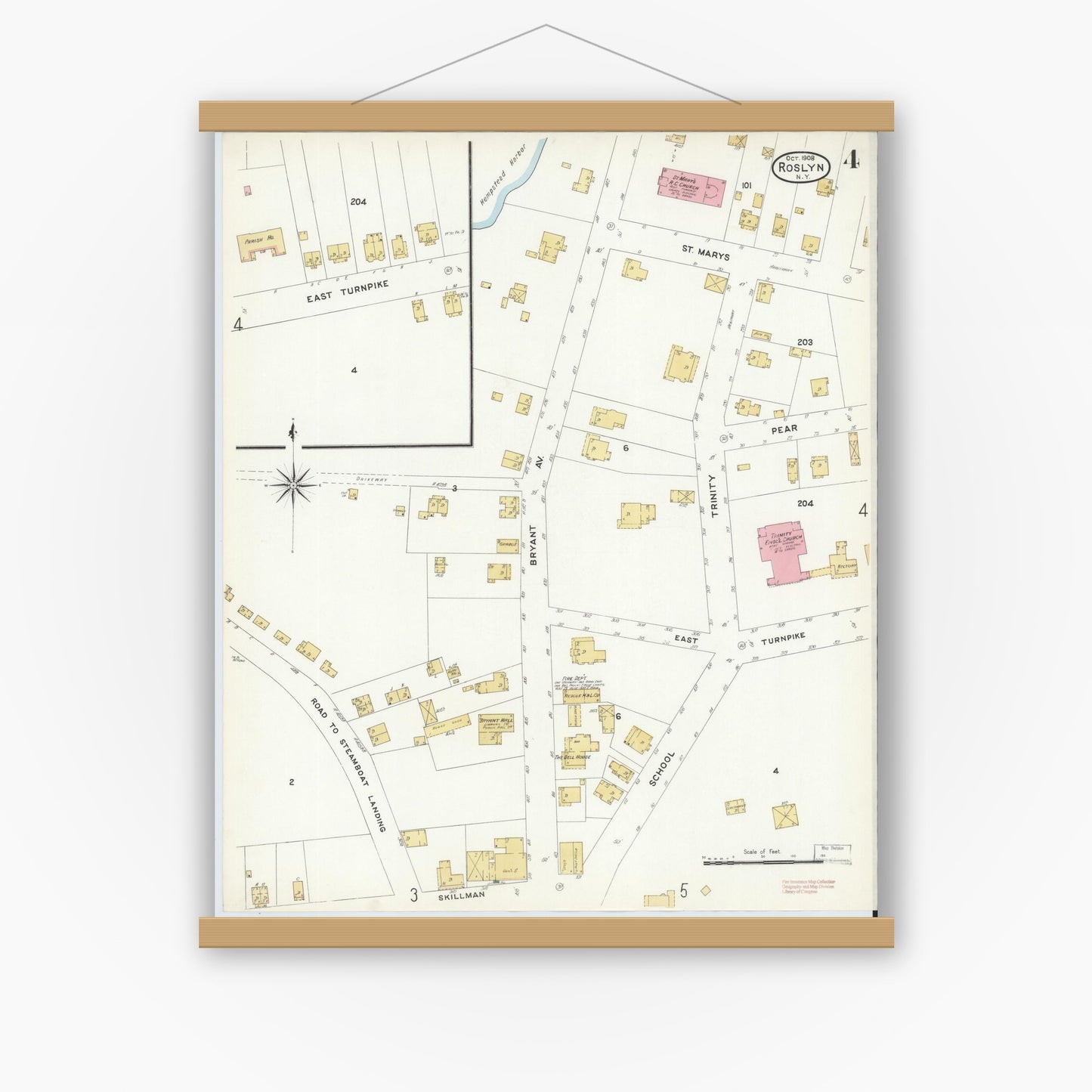 Old map wall art mockup — magnetic wood frame on white wall — Sanborn Fire Insurance Map from Roslyn, Nassau County, New York (1908), Sheet #0004
